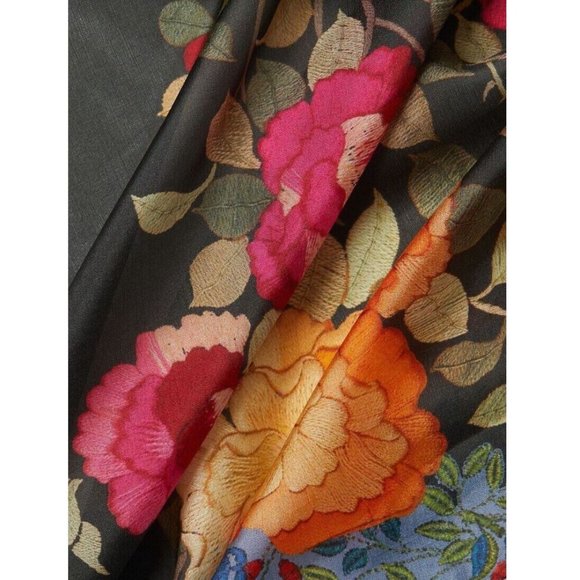 Johnny Was Graceful Scarf Silk Square Large Floral Tassels Black New - Picture 4 of 4